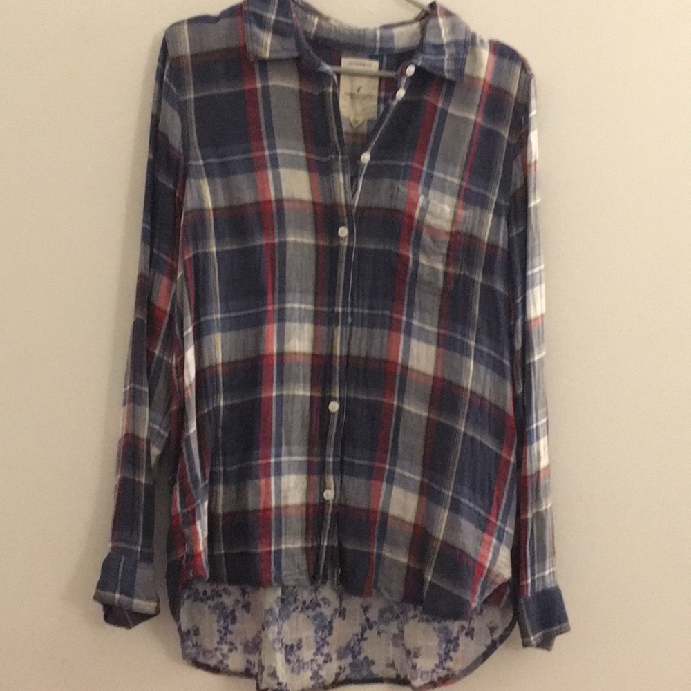 American Eagle Blue Floral Plaid Shirt